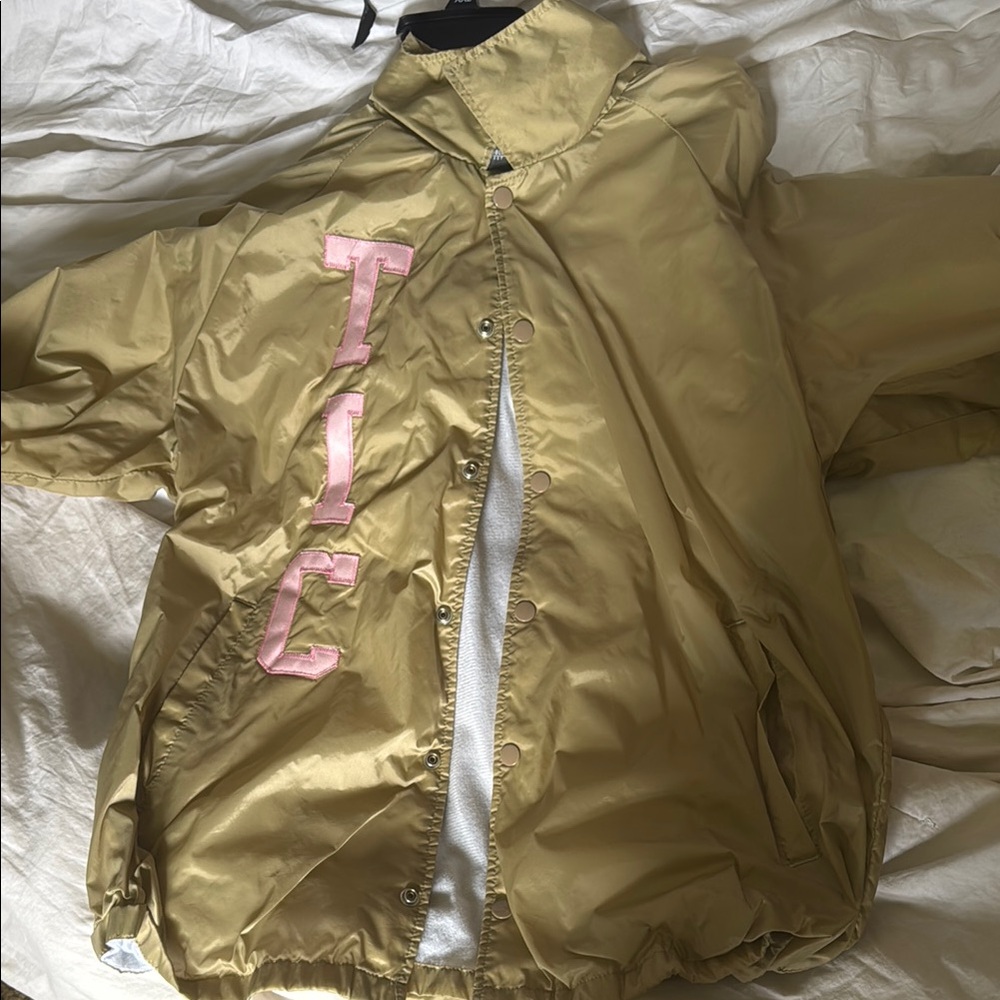 TIC Teenage Improvement Club Sorority like Gold Jacket with Pink Lettering L